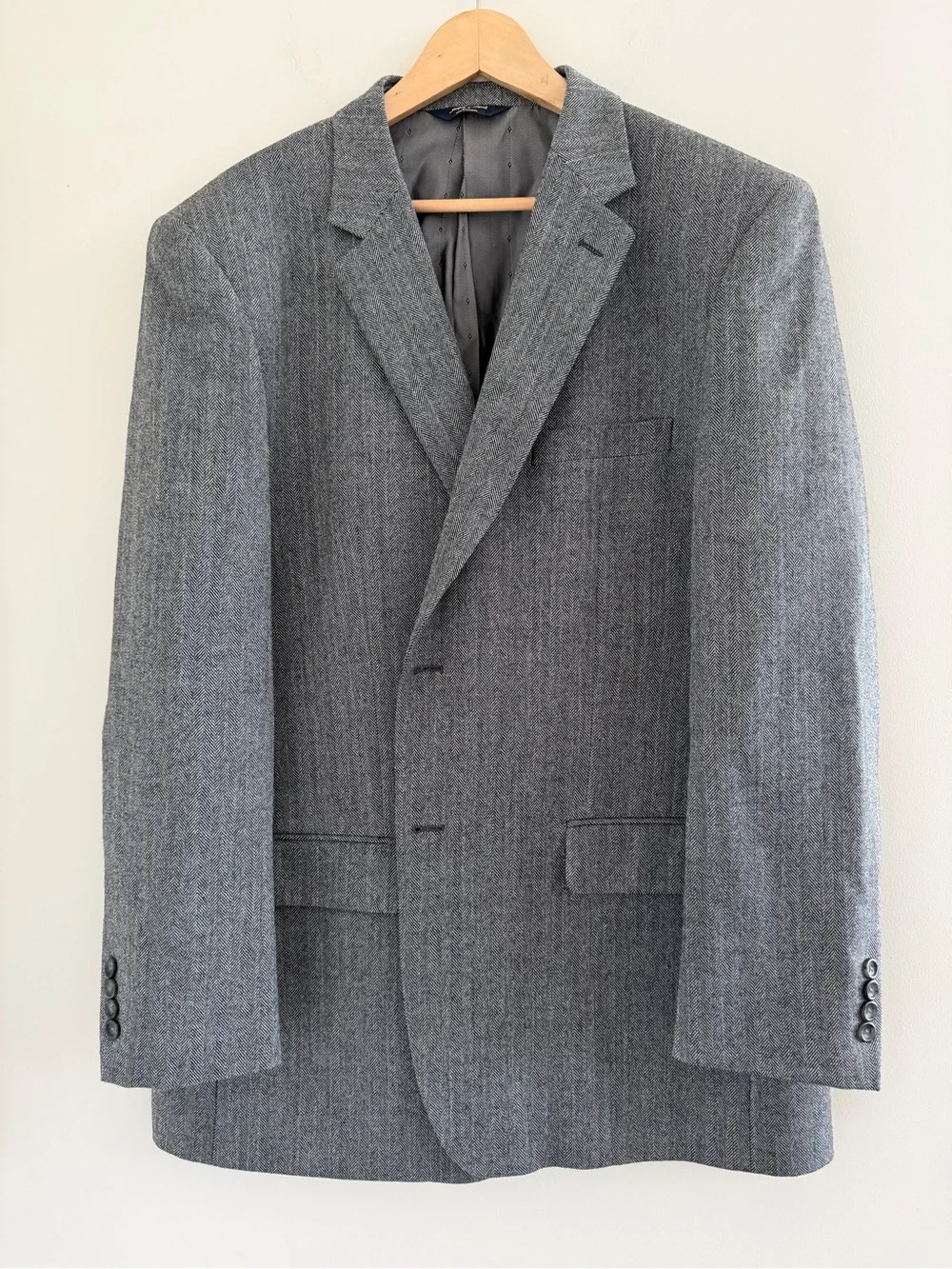 Joseph & Feiss Gold Blazer 46L Gray Herringbone Sport Coat 100% Lambswool